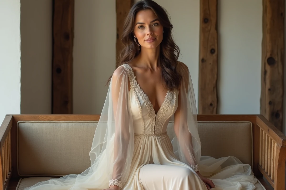 Robe de mariée bohème champagne à superposition de mousseline structurée dans une ferme rénovée aux poutres apparentes