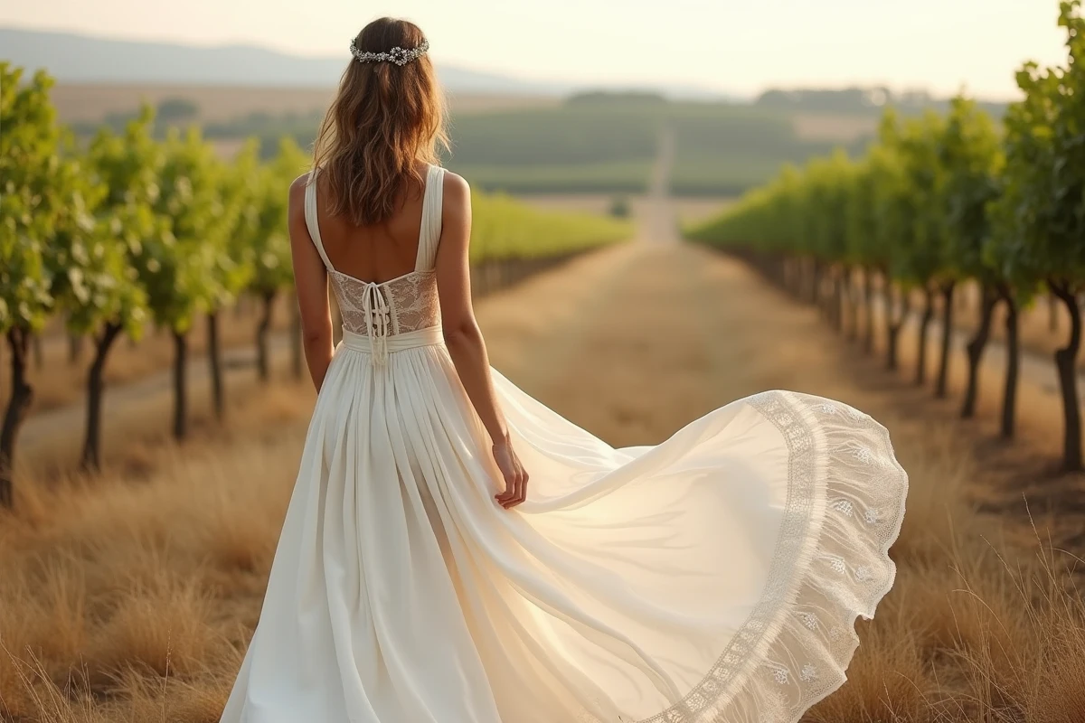 Robe de mariée bohème à corset et traîne brodée dans un vignoble français avec rangées de vignes en arrière-plan
