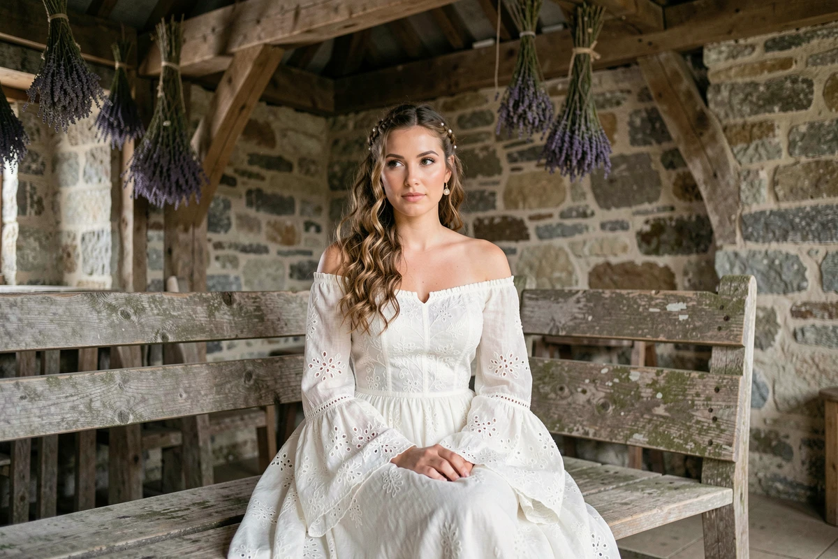 Mariée en robe bohème brodée assise dans une grange rustique en pierre avec coiffure naturelle bouclée
