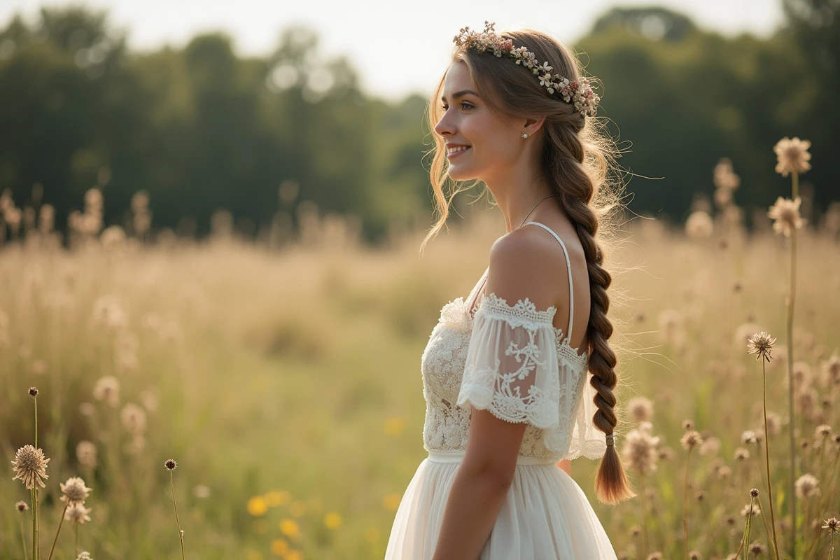 Mariée en robe bohème avec dentelle et broderies florales dans une prairie sauvage, style éditorial naturel et romantique