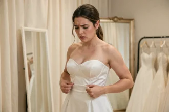 Mariée en robe bustier blanche ajustant son corset avec inconfort dans une boutique de mariage