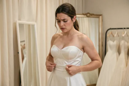 Mariée en robe bustier blanche ajustant son corset avec inconfort dans une boutique de mariage