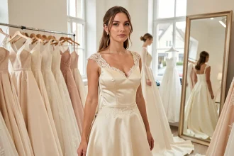 Jeune mariée essayant une robe de mariée chic en satin ivoire dans une boutique de mariage élégante