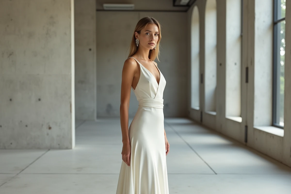 Mariée en robe minimaliste en crêpe ivoire dans un espace industriel contemporain, style épuré et élégant