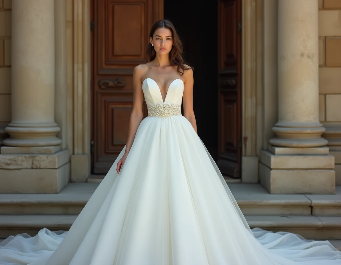 Mariée en robe princesse en mikado structuré devant les portes d'un château en pierre