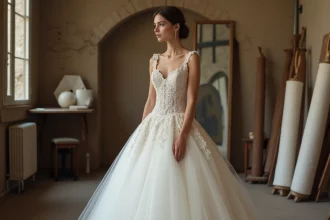 Mariée en robe princesse élégante avec dentelle et tulle dans un atelier parisien vintage