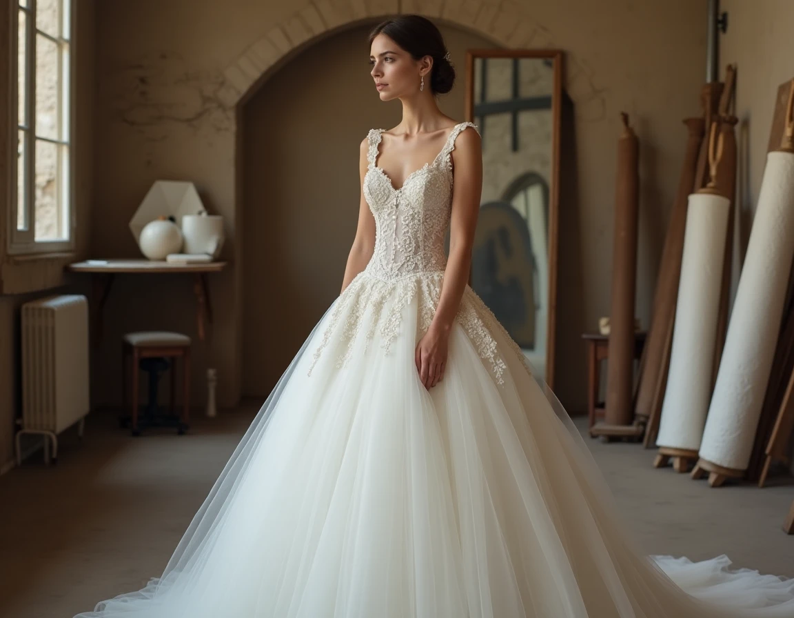 Mariée en robe princesse élégante avec dentelle et tulle dans un atelier parisien vintage