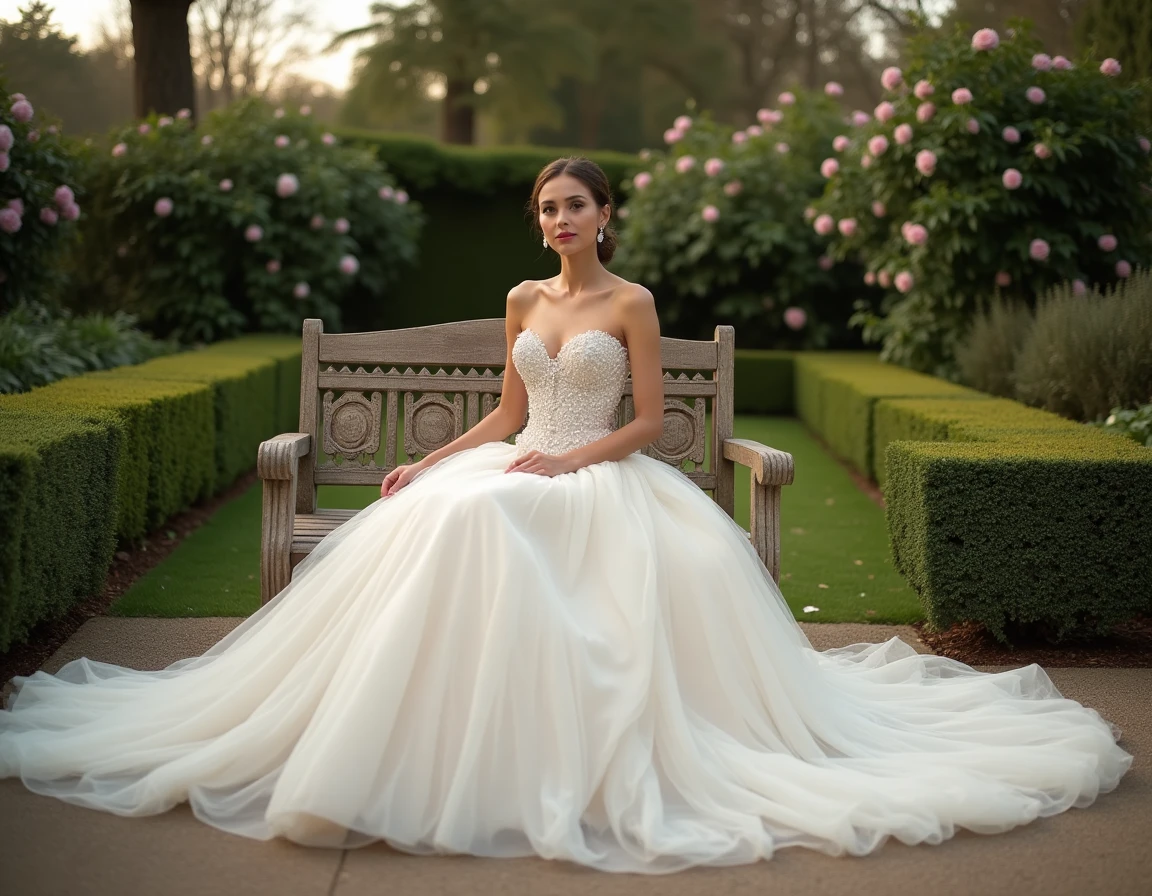 Femme en robe de mariée princesse brodée ivoire assise dans un jardin fleuri