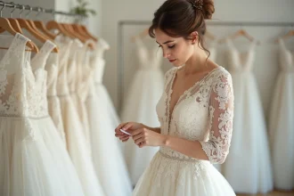 Jeune mariée examinant l'étiquette de prix d'une robe de mariée dans une boutique de mariage