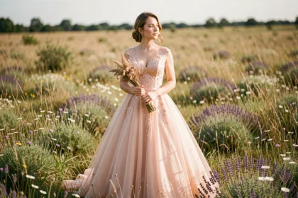 Mariée en robe de mariée rose blush brodée dans une prairie de fleurs sauvages, expression rêveuse et bouquet de fleurs séchées à la main