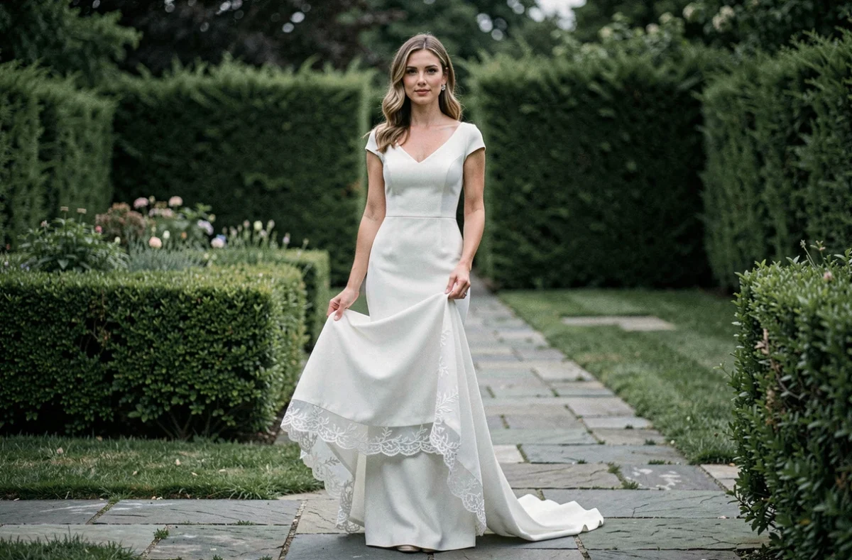 Mariée en robe fourreau crêpe élégante posant dans un jardin soigné avec détails de broderie sur le bas de la robe
