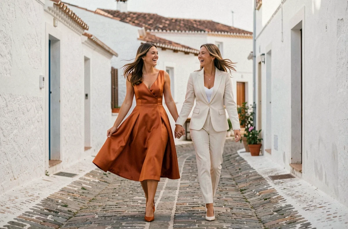 Deux mariées marchant main dans la main dans un village méditerranéen, robe de mariée terracotta orange et costume ivoire, rires complices