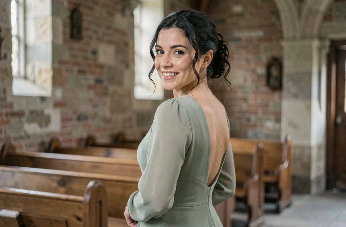 Mariée en robe de mariée vert sauge dans une chapelle en pierre rustique, dos nu et regard par-dessus l'épaule souriant