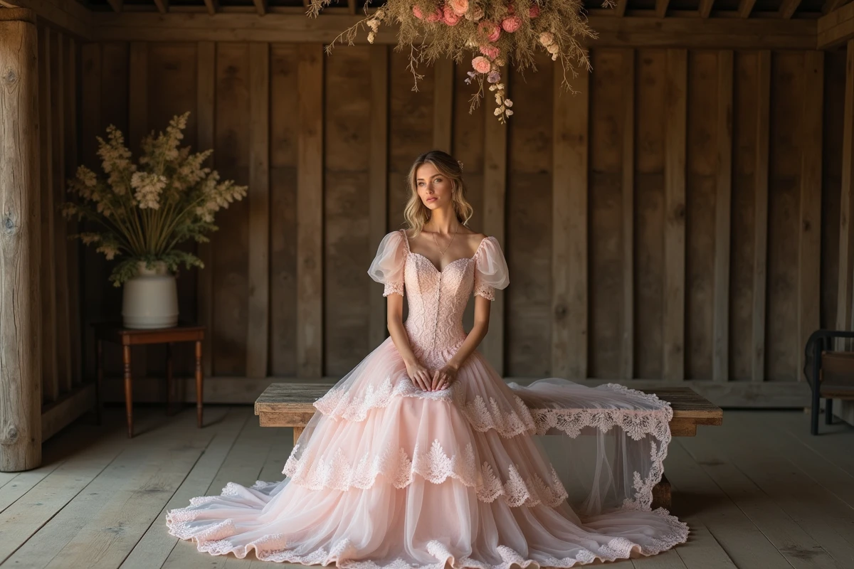 Mariée en robe de mariée vintage rose en dentelle assise dans une grange rustique décorée