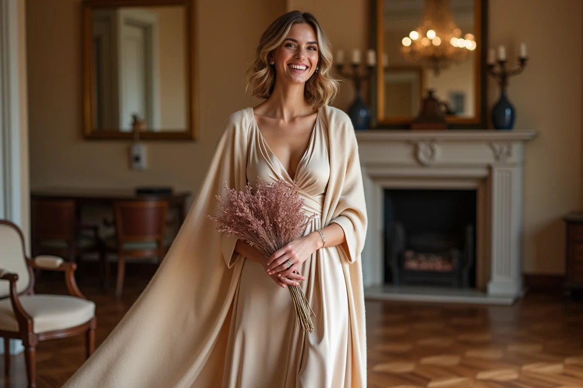 Mariée en robe de soie charmeuse champagne avec étole en cachemire dans un salon de réception en hiver