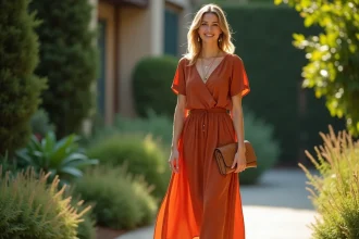 Femme témoin de mariage en robe terracotta midi avec sandales nude et accessoires dorés dans un jardin verdoyant