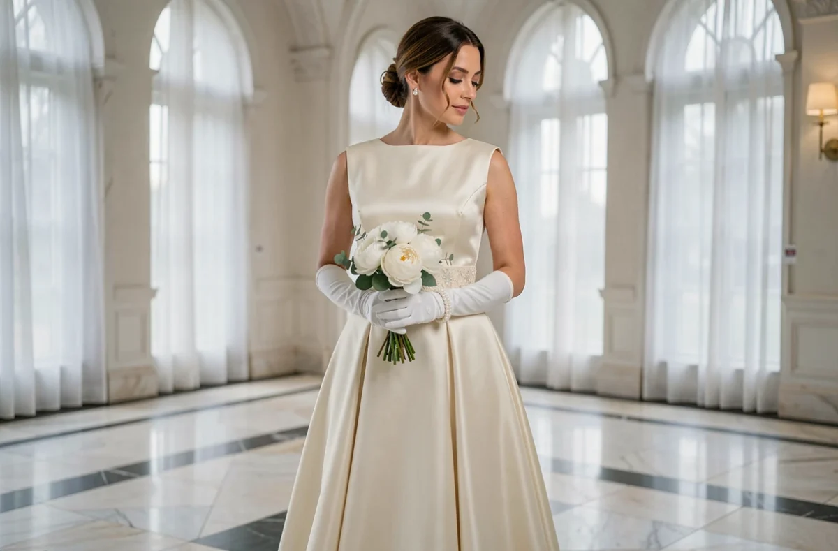 Femme en robe trapèze crème structurée avec ceinture brodée gants longs et bouquet de pivoines dans une salle de réception élégante