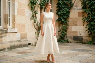 Femme en robe trapèze ivoire pour mariage accessoirisée avec des perles et des escarpins nude dans une cour parisienne