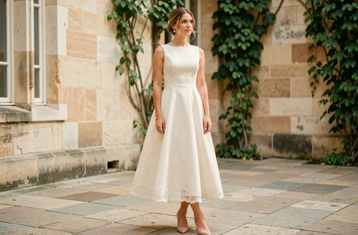Femme en robe trapèze ivoire pour mariage accessoirisée avec des perles et des escarpins nude dans une cour parisienne