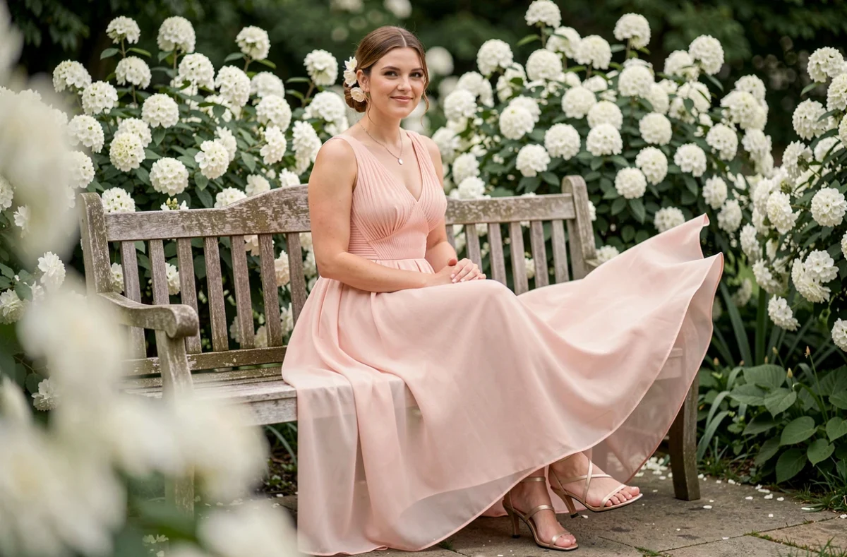 Femme en robe trapèze rose blush accessoirisée avec sandales champagne et épingle florale dans un jardin fleuri