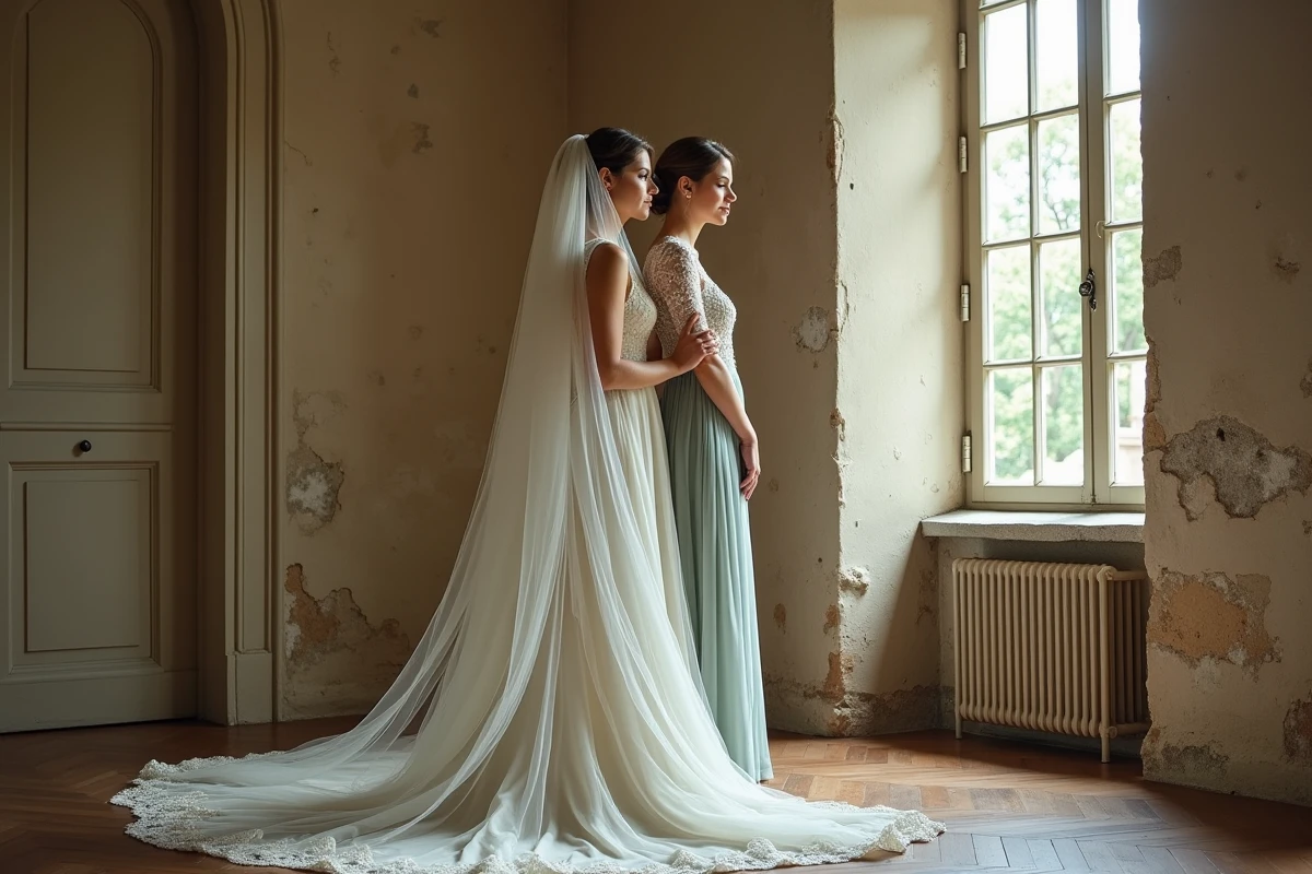 Mariée en robe vintage dentelle ivoire et demoiselle d'honneur dans un château français élégant