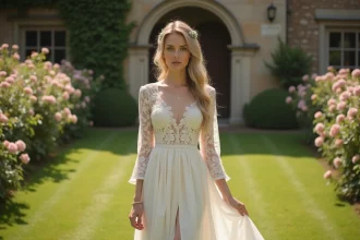 Femme en robe vintage ivoire en dentelle pour mariage dans un jardin fleuri romantique