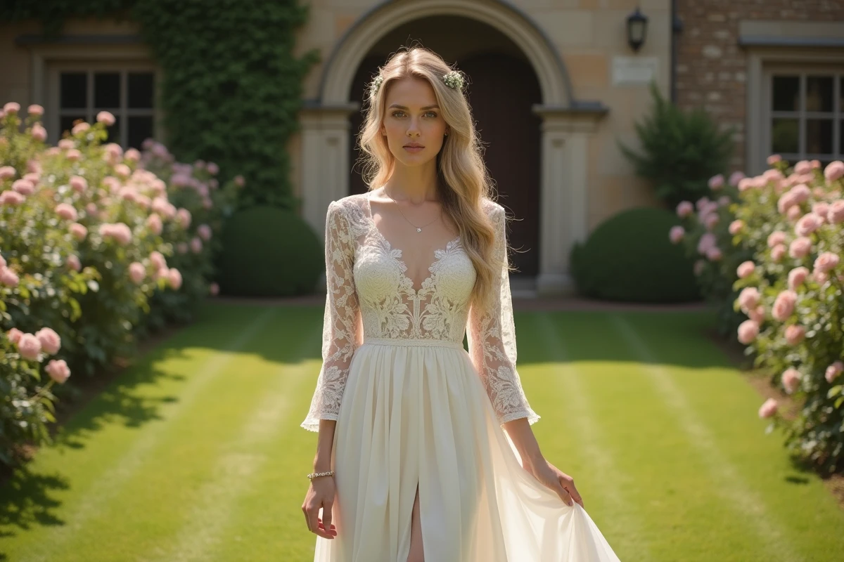 Femme en robe vintage ivoire en dentelle pour mariage dans un jardin fleuri romantique
