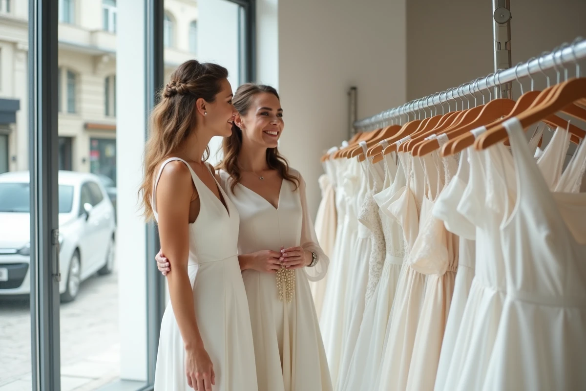 Deux amies qui cherchent des robes de mariée à petit prix sur un portant de soldes en boutique