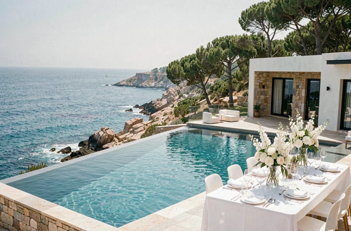 Rocabella dans le Var, terrasse de mariage avec piscine à débordement et vue panoramique sur la mer Méditerranée