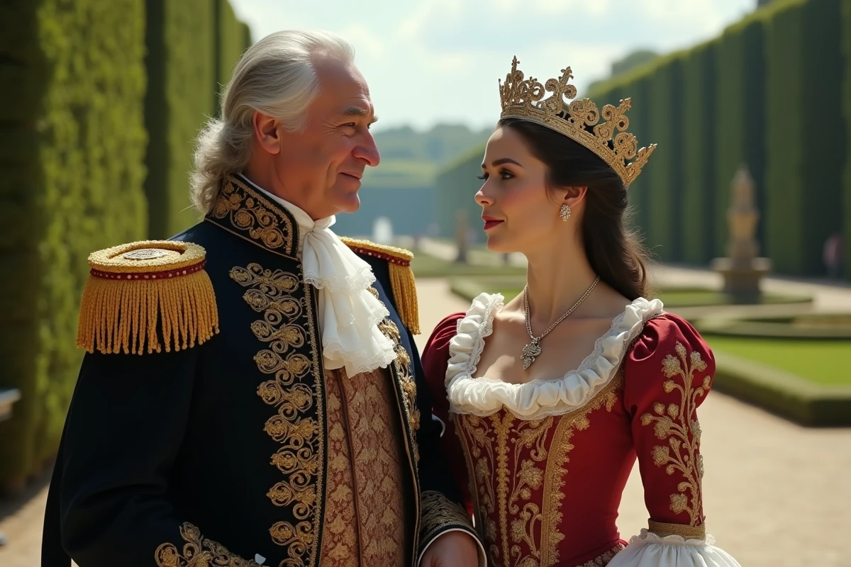 Louis XIV en costume dans les jardins de Versailles