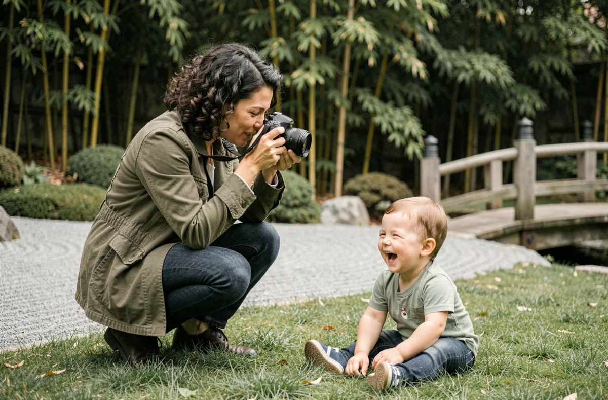 Photographe professionnelle en action lors d'une séance photo famille dans un jardin japonais à Toulouse