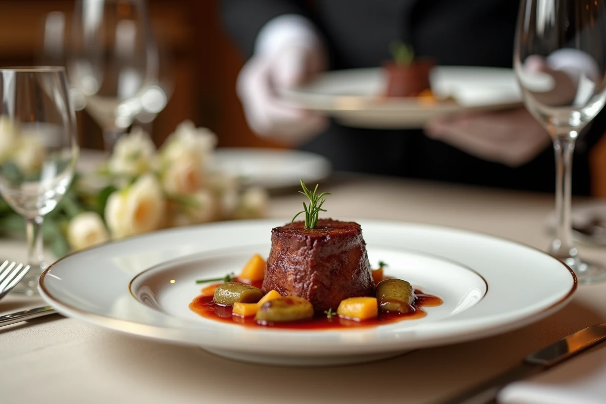 Assiette gastronomique de mariage avec canard confit et légumes rôtis dans une salle de réception de château