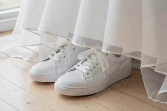 Sneakers blanches posées près de l'ourlet d'une robe de mariée