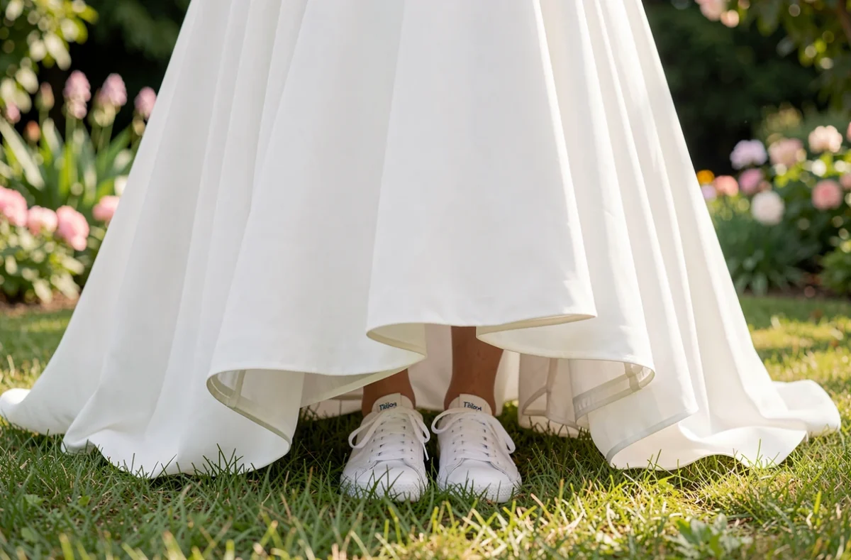 Sneakers blanches sous une robe de mariée volumineuse dans un jardin