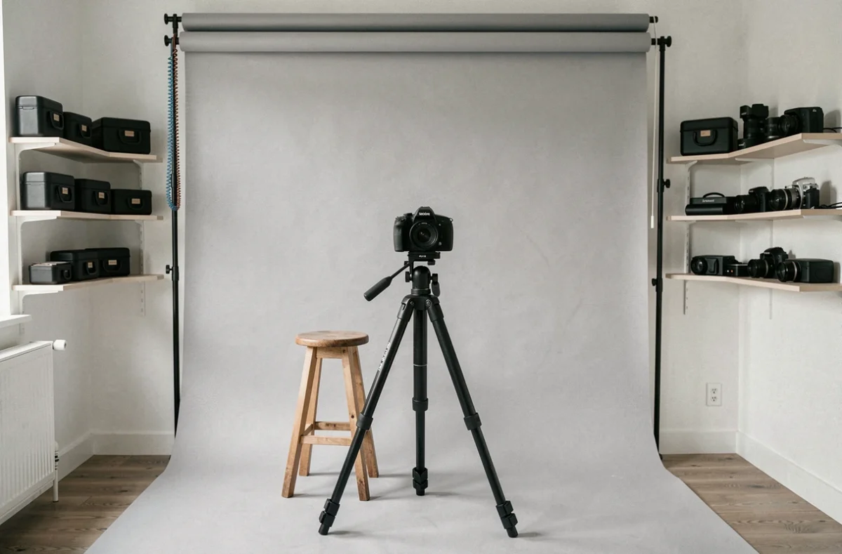 Studio photo professionnel à Soissons avec appareil photo sur trépied et fond papier gris