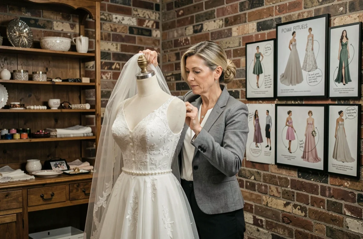 Styliste spécialisée en mariage ajustant une robe de mariée sur mannequin dans un atelier chic pour éviter les erreurs de style