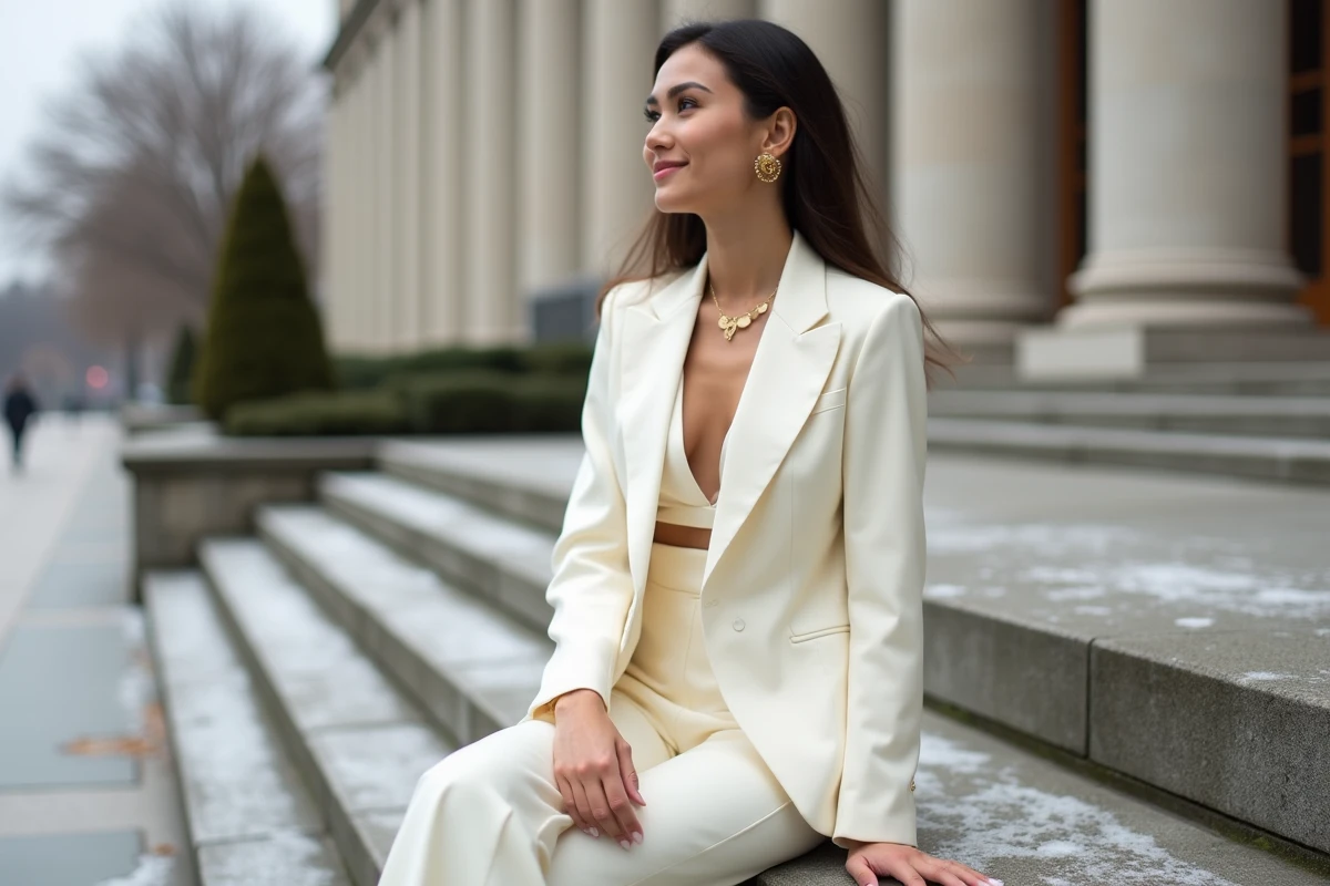 Mariée en tailleur pantalon satin crêpe ivoire assise sur les marches d'une mairie en hiver