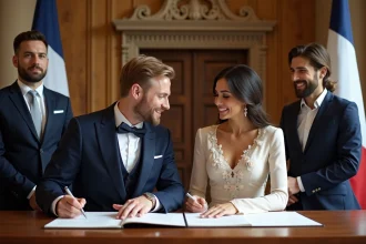 Couple en remariage signant le registre civil à la mairie entouré de deux témoins souriants en tenue formelle