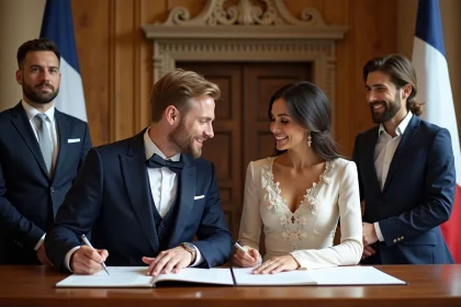 Couple en remariage signant le registre civil à la mairie entouré de deux témoins souriants en tenue formelle