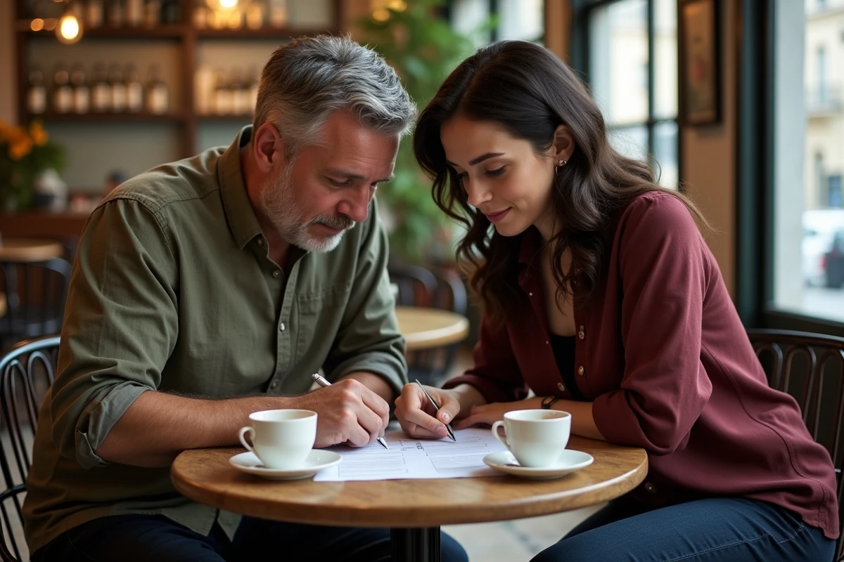 Deux témoins de mariage préparant leur rôle autour d'une liste de vérification dans un café parisien