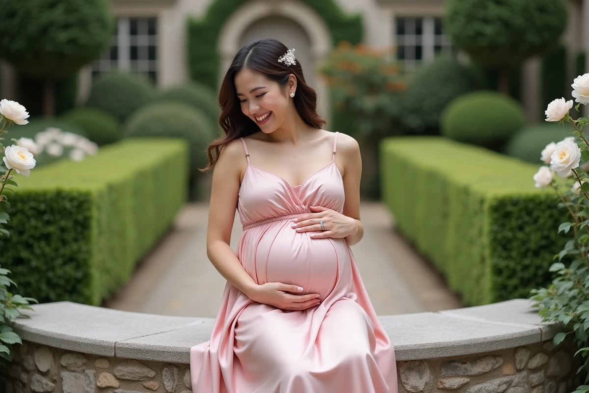 Femme enceinte en robe midi satin blush pour mariage civil assise dans un jardin fleuri, souriant avec une main posée sur son ventre