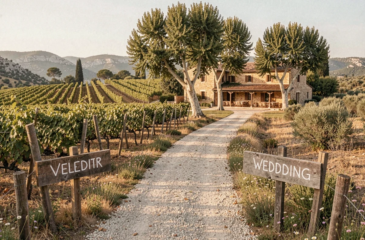 Terres de Saint Hilaire dans le Var, allée fleurie et terrasse de mariage rustique au cœur du domaine viticole biologique provençal