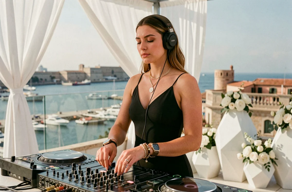 Vaelys, DJ femme en pleine performance lors d'un mariage sur les toits de Marseille