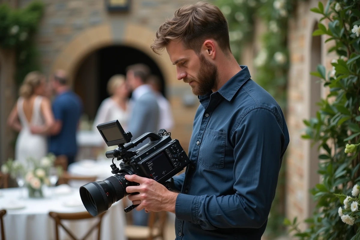 Vidéaste professionnel vérifiant ses prises de vue lors d'une réception de mariage en extérieur