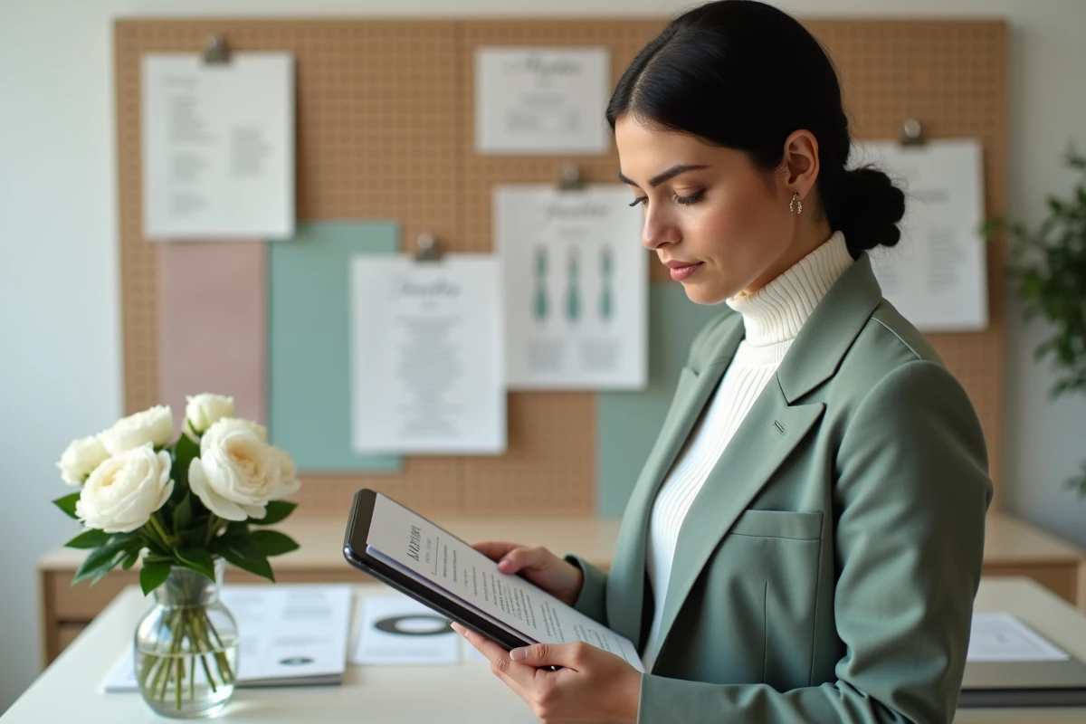 Wedding planner finalisant la personnalisation d'une cérémonie de mariage sur une tablette dans un studio créatif