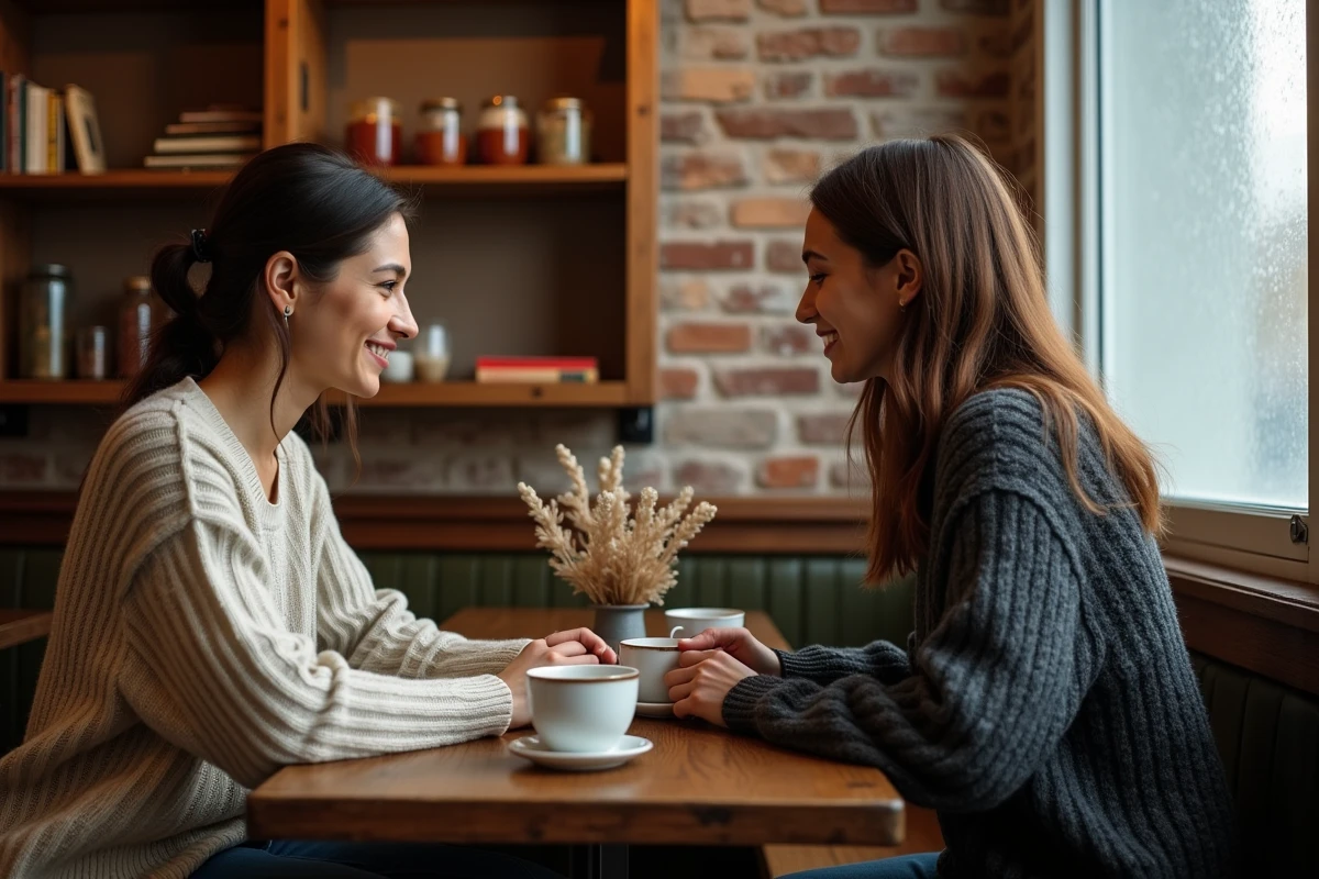 Couple en discussion intime dans un café parisien avec tasses de café, évoquant la complicité du couple de Yoann Usai