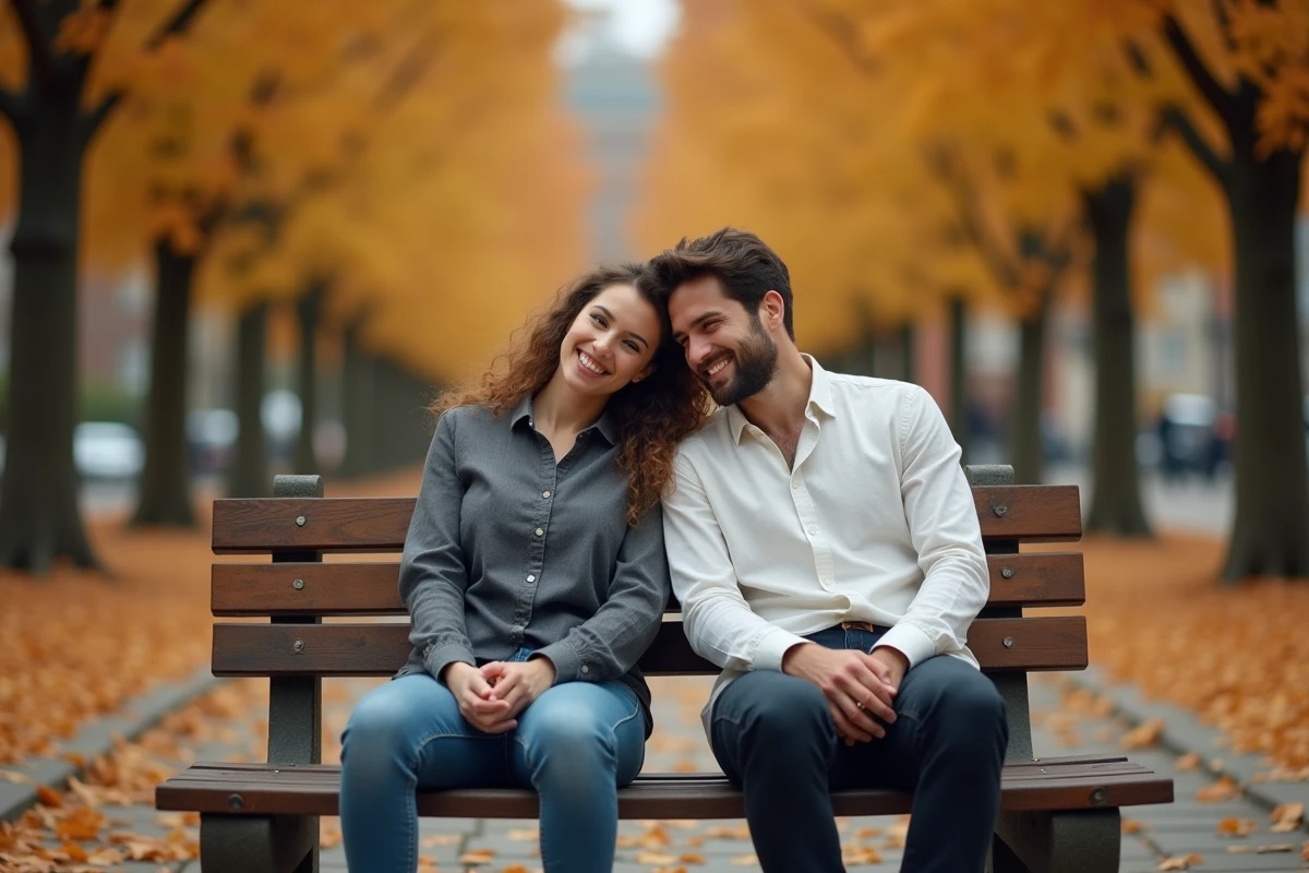 Couple complice assis sur un banc dans un parc en automne, illustrant la vie de couple de Yoann Usai
