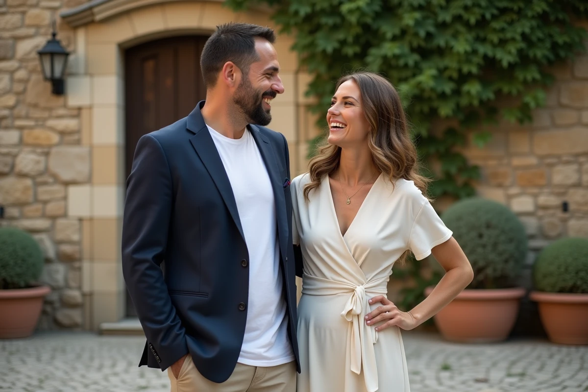 Homme et femme riant ensemble devant un mur en pierre, représentant la relation amoureuse et le couple de Yoann Usai